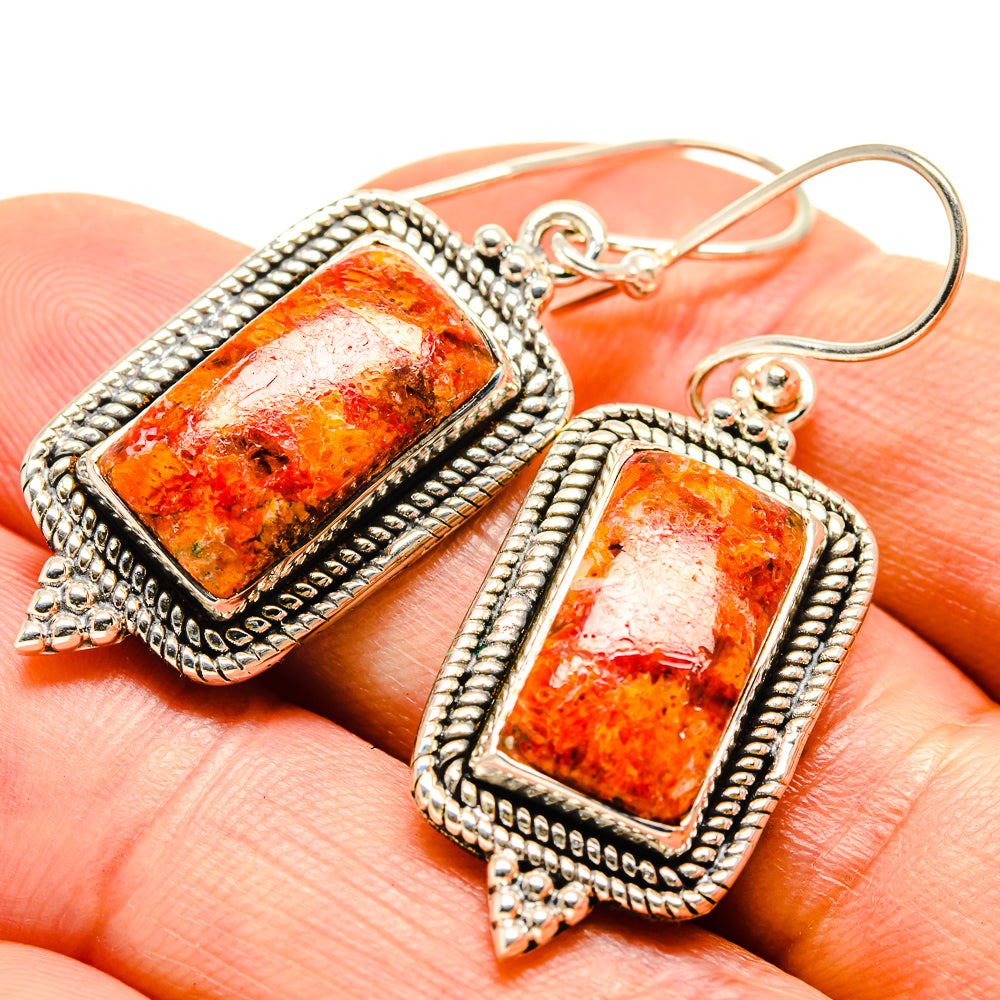 Rectangular sponge coral earrings with orange panels in ornate 925 silver frames