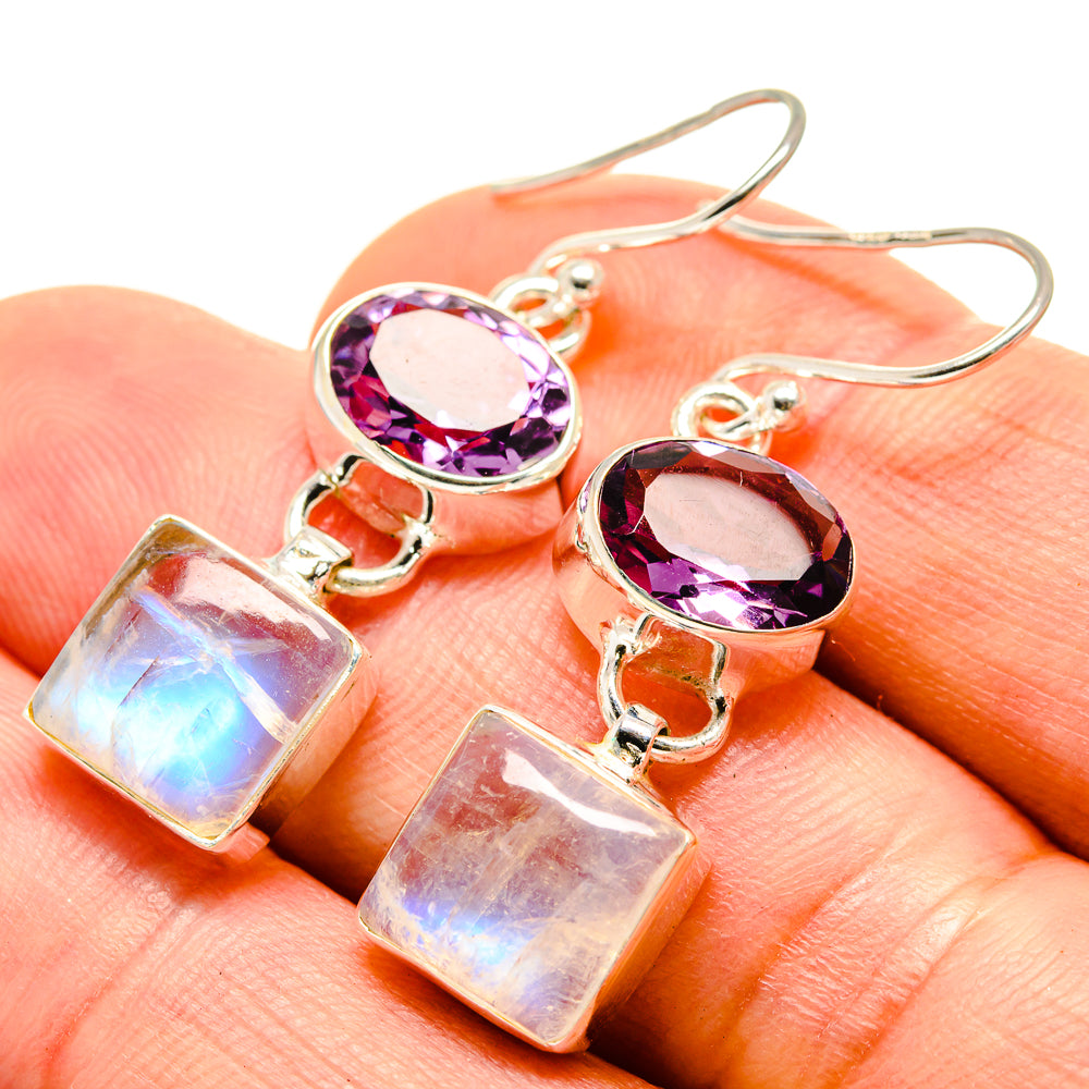Sterling silver amethyst and opalescent moonstone drop earrings with purple oval stones