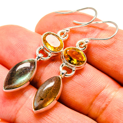 925 sterling silver citrine and labradorite drop earrings, yellow round stones and oval dangles