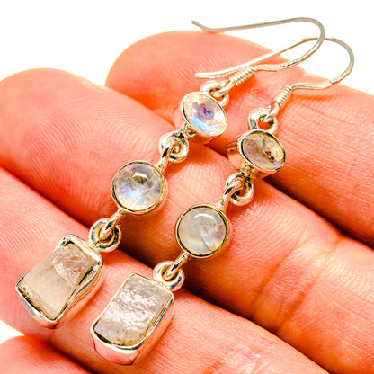 Sterling silver moonstone earrings with oval and rough rectangular dangles
