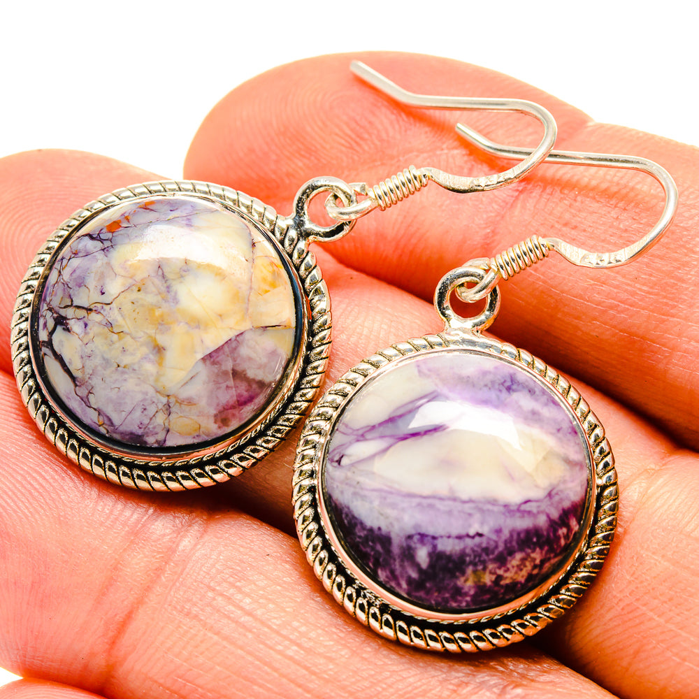 Round stone drop earrings, purple-and-cream cabochon in silver bezel with fishhook