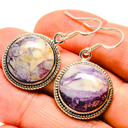 Round stone drop earrings, purple-and-cream cabochon in silver bezel with fishhook