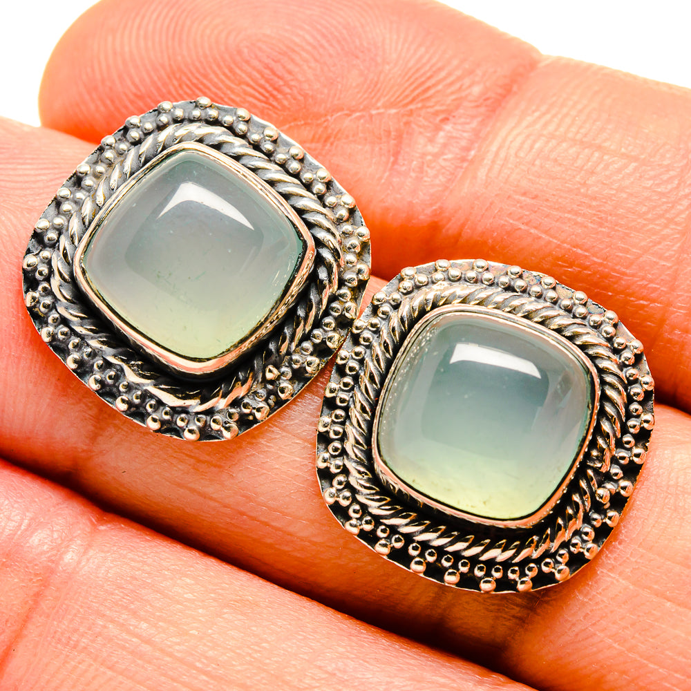 Aqua chalcedony stud earrings with 925 silver bezel and textured scalloped border
