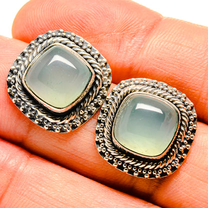 Aqua chalcedony stud earrings with 925 silver bezel and textured scalloped border
