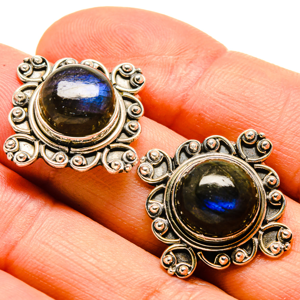 925 sterling silver labradorite earrings with ornate round bezel, blue flash