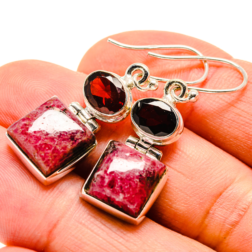 Sterling silver rhodonite and garnet earrings, pink square stones with red round top accents