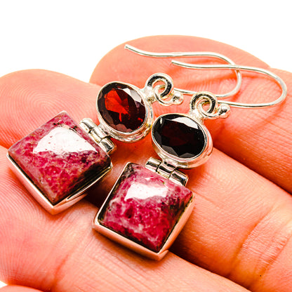 Sterling silver rhodonite and garnet earrings, pink square stones with red round top accents