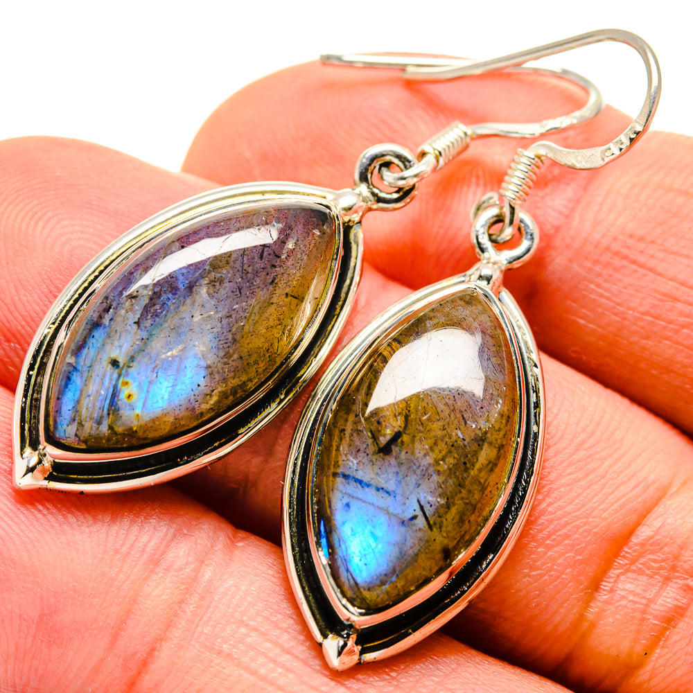 Oval gemstone drop earrings in sterling silver, purple and gold with blue flash