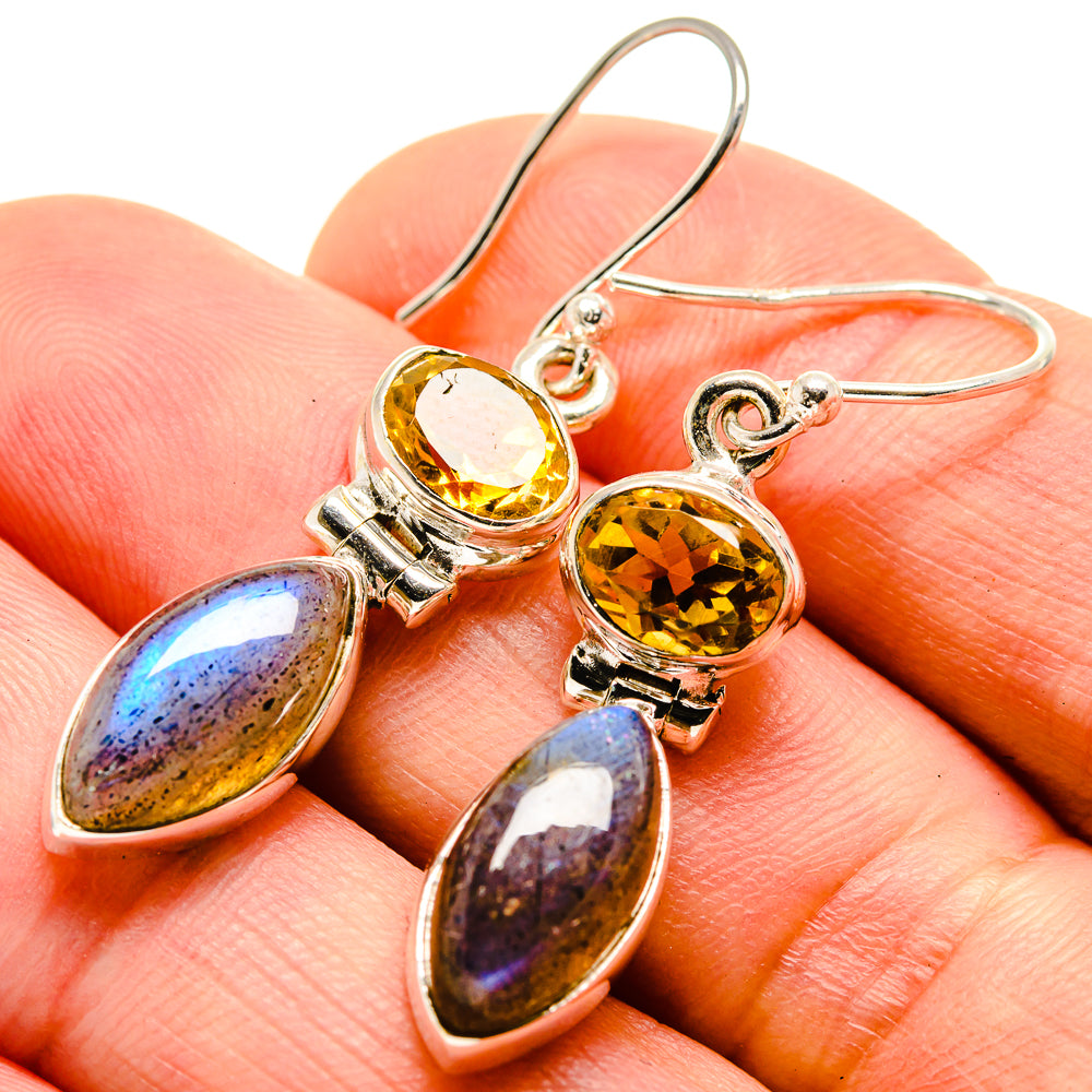 Sterling silver drop earrings with yellow citrine and iridescent blue-violet labradorite