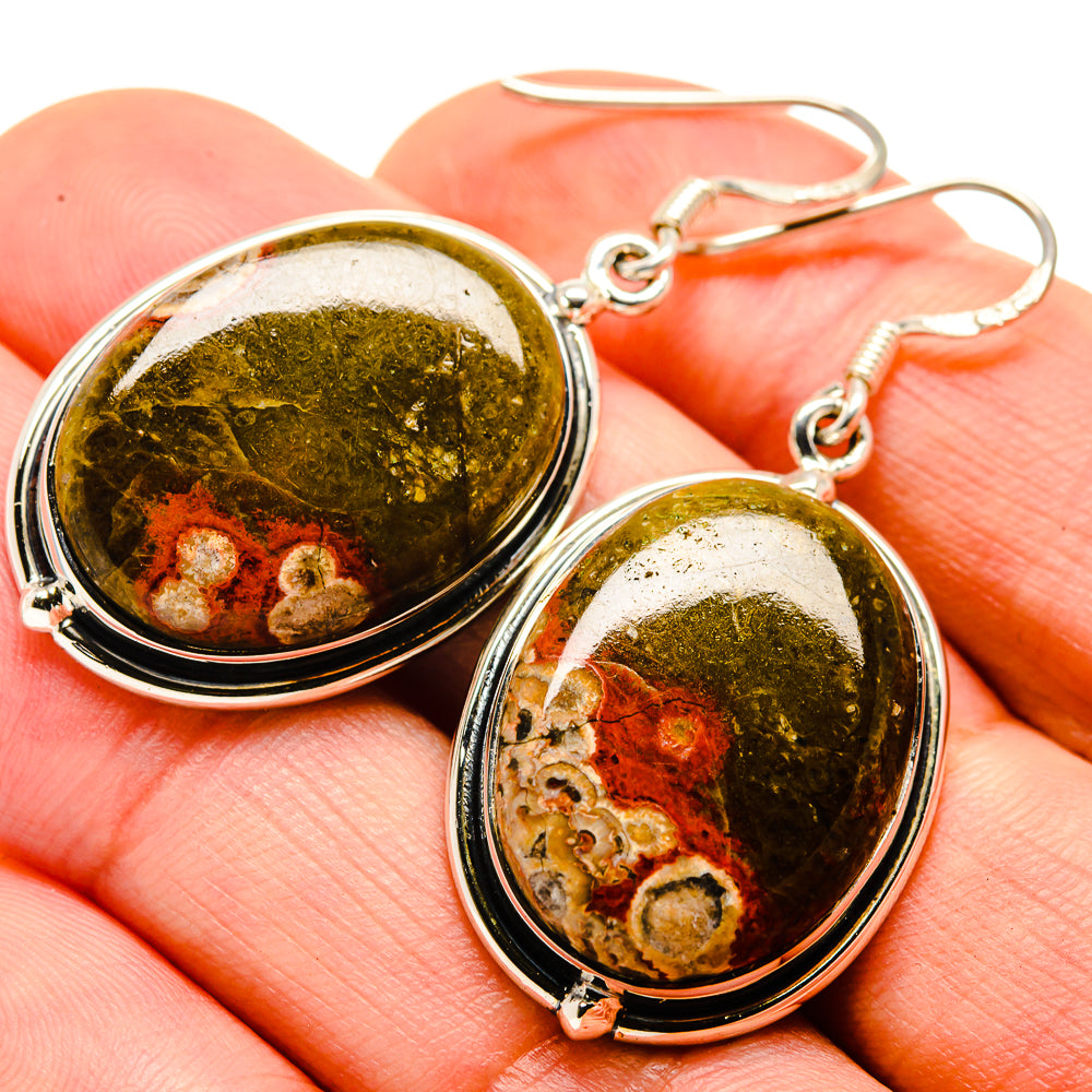 Jasper oval drop earrings with silver bezel and green, gold, and rust speckled stone