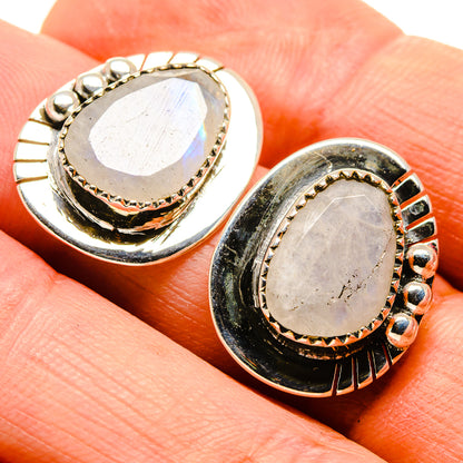 Oval moonstone cabochon stud earrings, 925 sterling silver with scalloped bezel