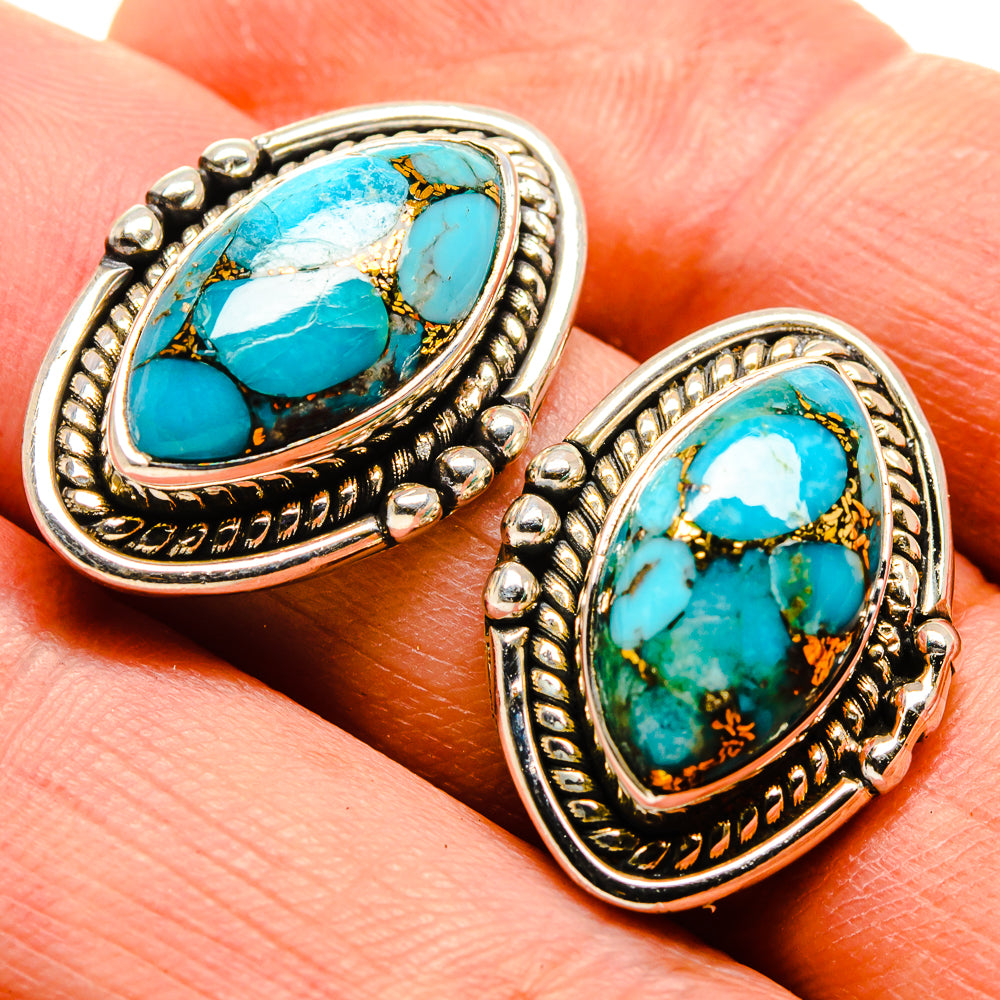 Turquoise oval earrings with silver composite stone, ornate bezel, sterling silver backs