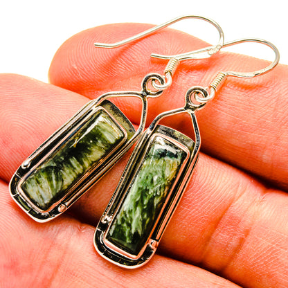 Sterling seraphinite drop earrings with green stones in rectangular frames