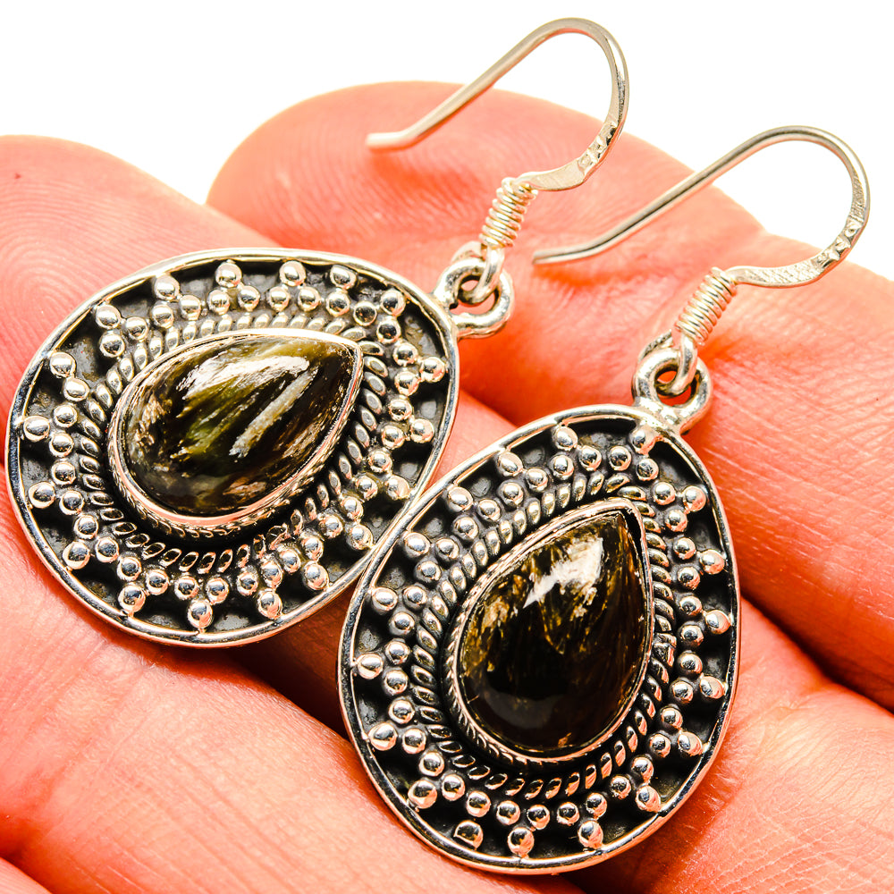 Sterling silver hook earrings with green-gold oval cabochons and beaded border