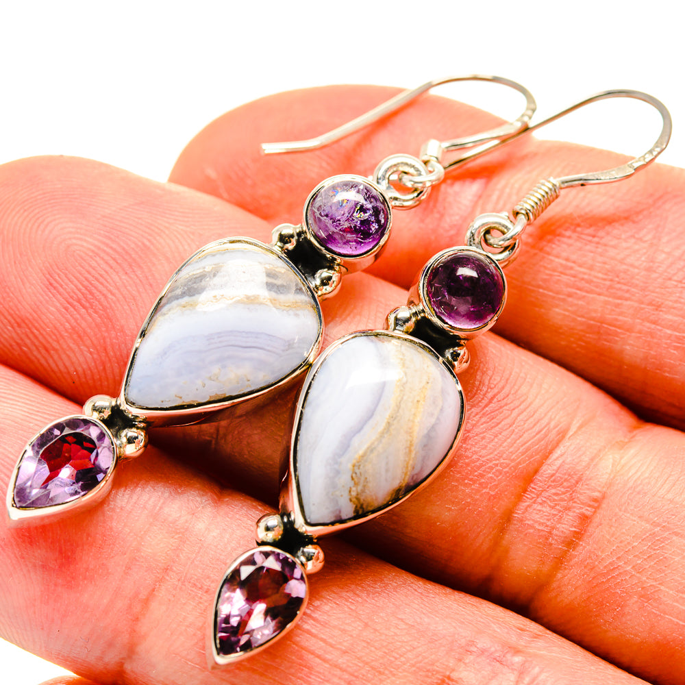 Amethyst and lace agate drop earrings, purple stones and white veined pear drops
