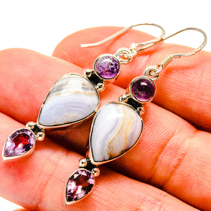 Amethyst and lace agate drop earrings, purple stones and white veined pear drops