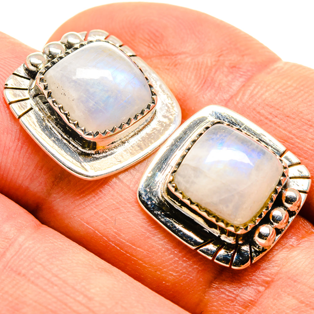 Square moonstone cabochon stud earrings in polished 925 sterling silver setting