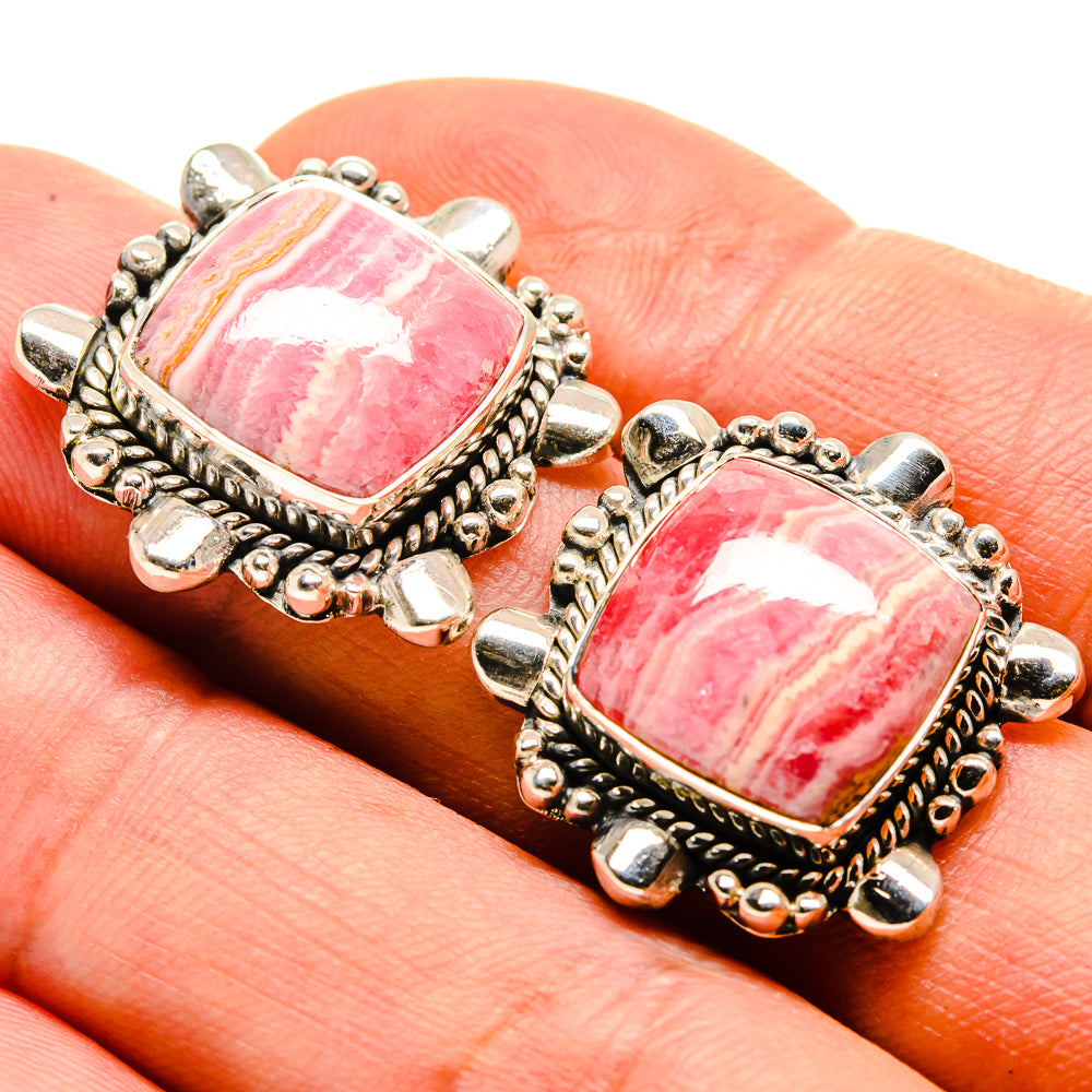 Rhodochrosite earrings with square pink stone and ornate 925 sterling silver setting