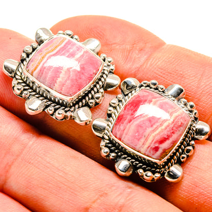 Rhodochrosite earrings with square pink stone and ornate 925 sterling silver setting