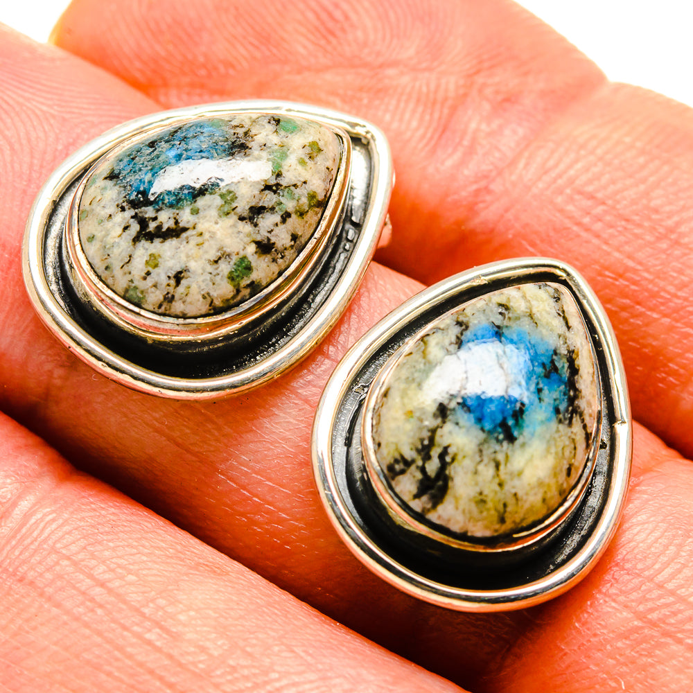 925 sterling silver stud earrings with teardrop blue-green azurite cabochons