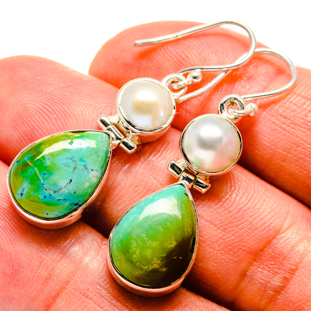 Gold-tone cultured pearl and green turquoise teardrop dangle earrings, detailed view