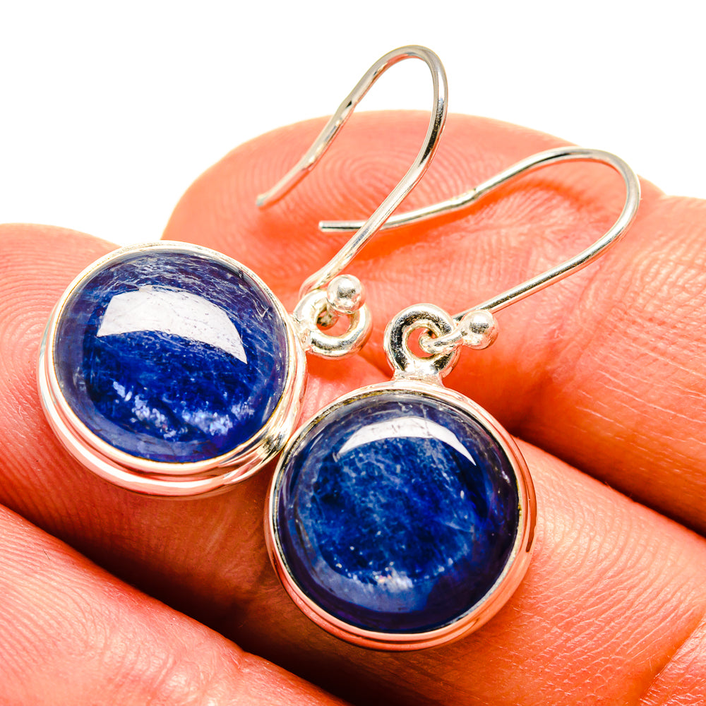 Blue kyanite cabochon earrings with round settings and fishhook wires, sterling silver