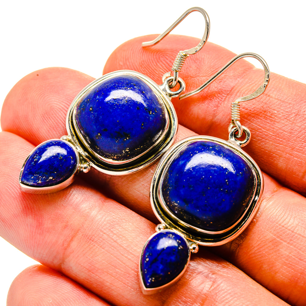 Lapis lazuli drop earrings, round top stone with small teardrop and oval accents