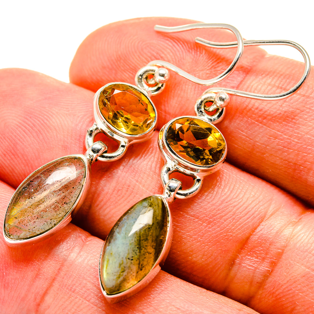 Sterling silver citrine and labradorite drop earrings, yellow round tops