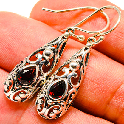 Teardrop filigree earrings with red garnet stones and fishhook hooks