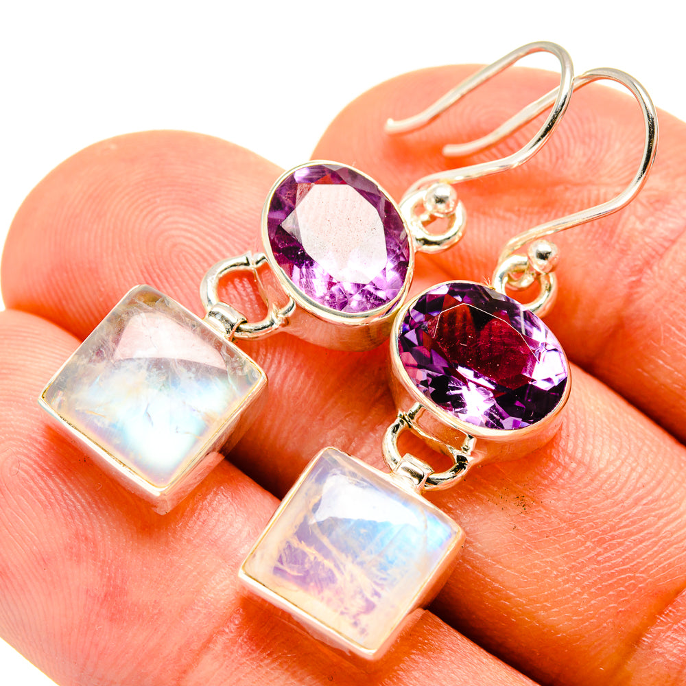 Amethyst and moonstone drop earrings: purple ovals with square rainbow moonstone drops