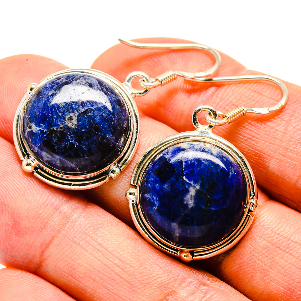 Round blue sodalite drop earrings in 925 sterling silver with fishhook backs