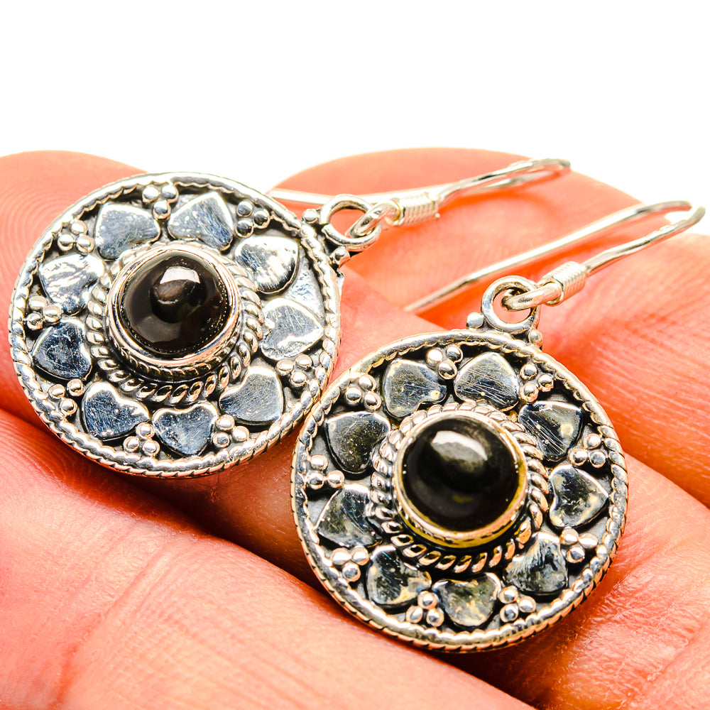Round drop earrings in silver tone with dark center stone and blue speckled border.