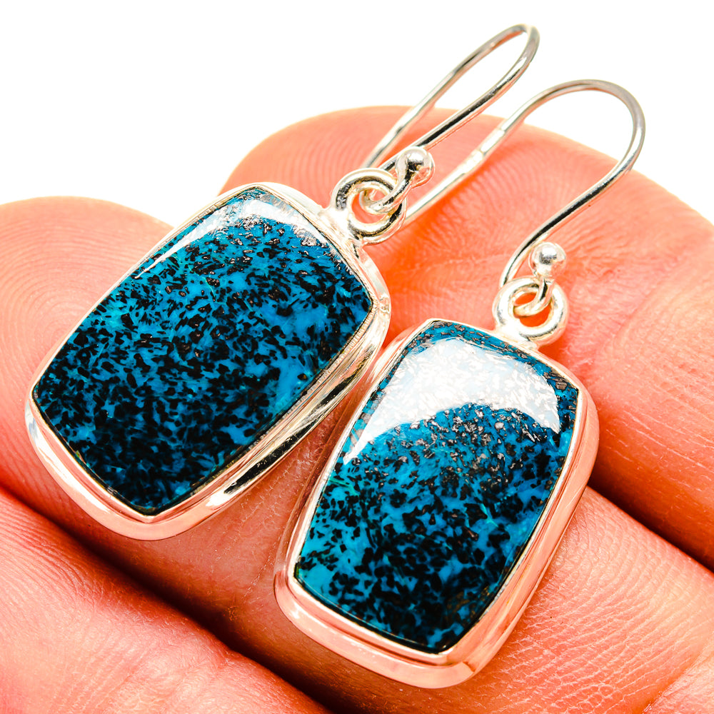 Sterling silver earrings with blue shattuckite rectangle stone bezel