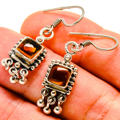 Citrine gemstone drop earrings in silver with square amber center and dangling beads
