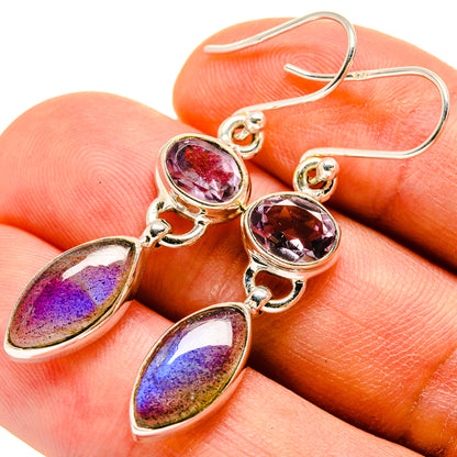 925 sterling silver drop earrings with oval iridescent stone and round purple gemstone