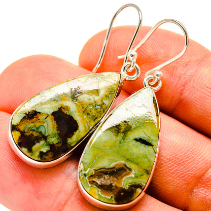 Sterling silver teardrop opal drop earrings in green and gold marbled pattern