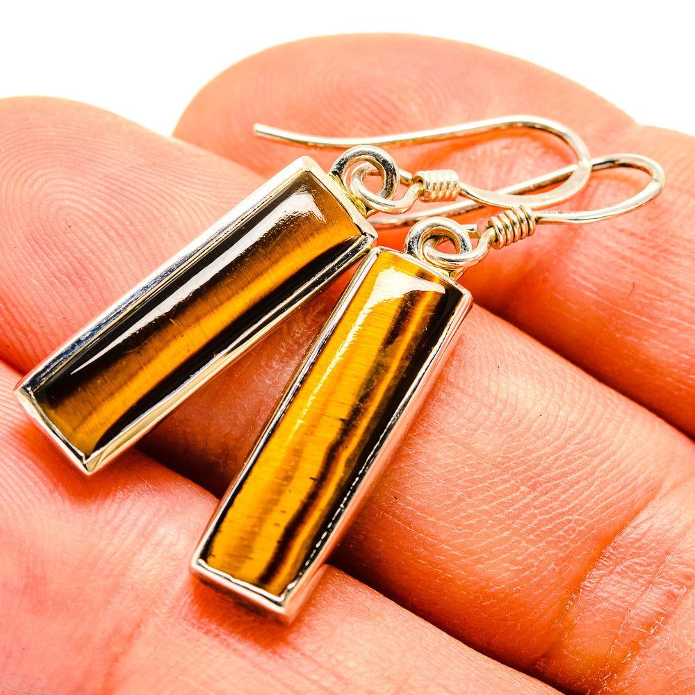 Tiger eye dangle earrings with silver hooks and gold-brown rectangular bars
