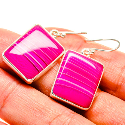 Pink Botswana agate earrings, rectangular magenta striped stones in silver frames