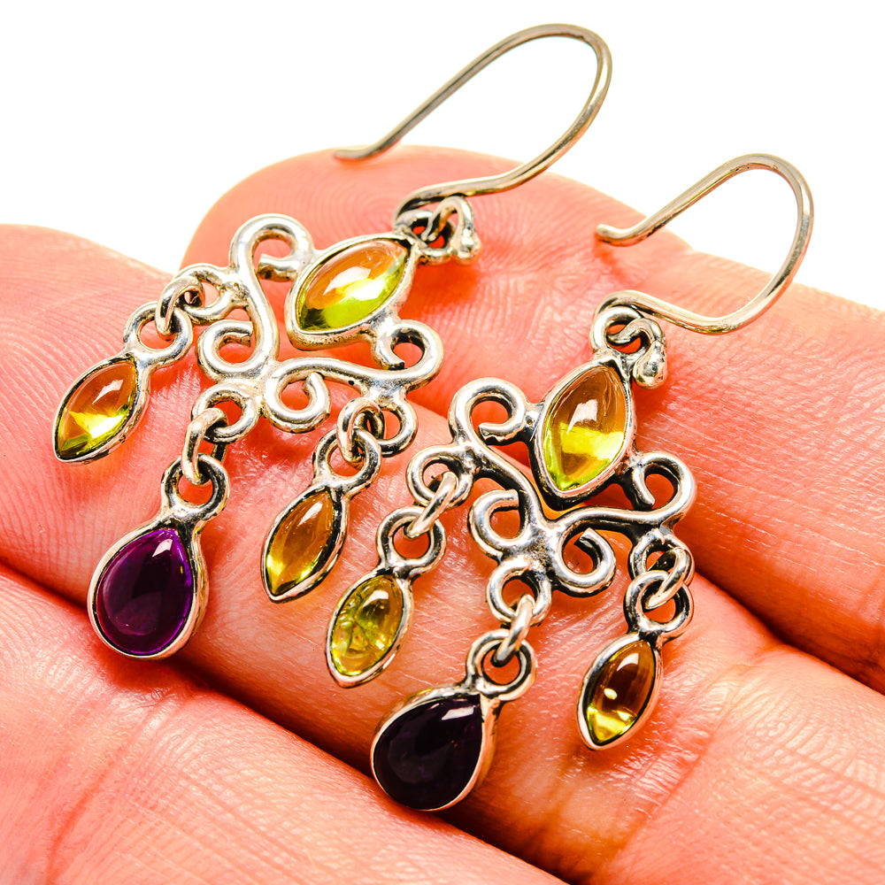 Silver-tone drop earrings with amethyst and peridot teardrop stones, 3 dangling charms
