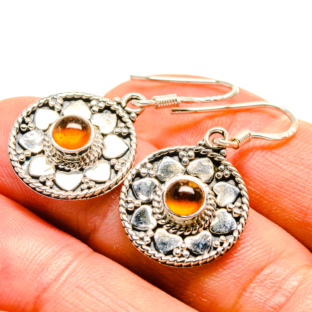 Round carnelian drop earrings, 925 sterling silver filigree with amber gemstone cabochon