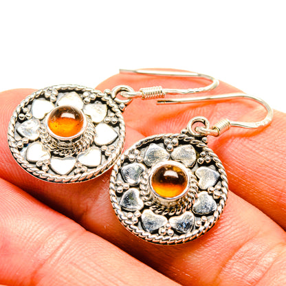 Round carnelian drop earrings, 925 sterling silver filigree with amber gemstone cabochon