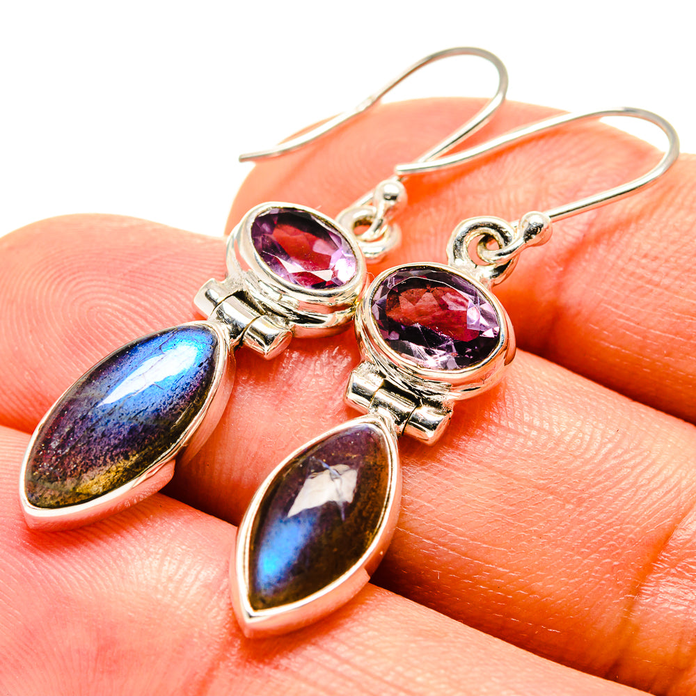 Amethyst and labradorite sterling silver drop earrings with purple oval and iridescent stones