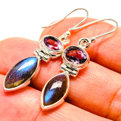 Amethyst and labradorite sterling silver drop earrings with purple oval and iridescent stones