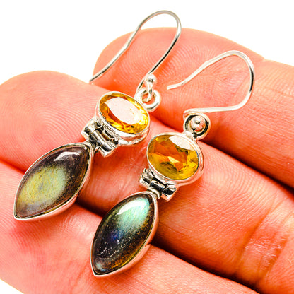 Sterling silver citrine and labradorite drop earrings, yellow and iridescent stones