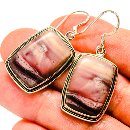 Mookaite drop earrings, square red stone with dark banding, sterling silver hooks