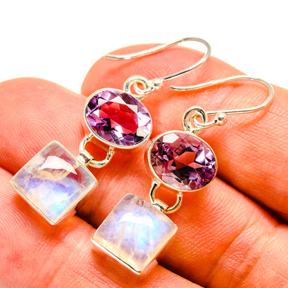 Amethyst and moonstone drop earrings with purple round stones and iridescent square pendants