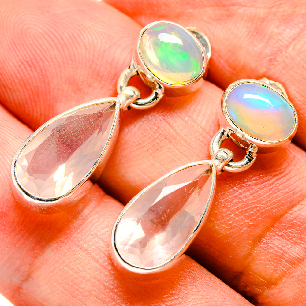Sterling silver opal earrings with rose quartz teardrop dangles, pink and iridescent