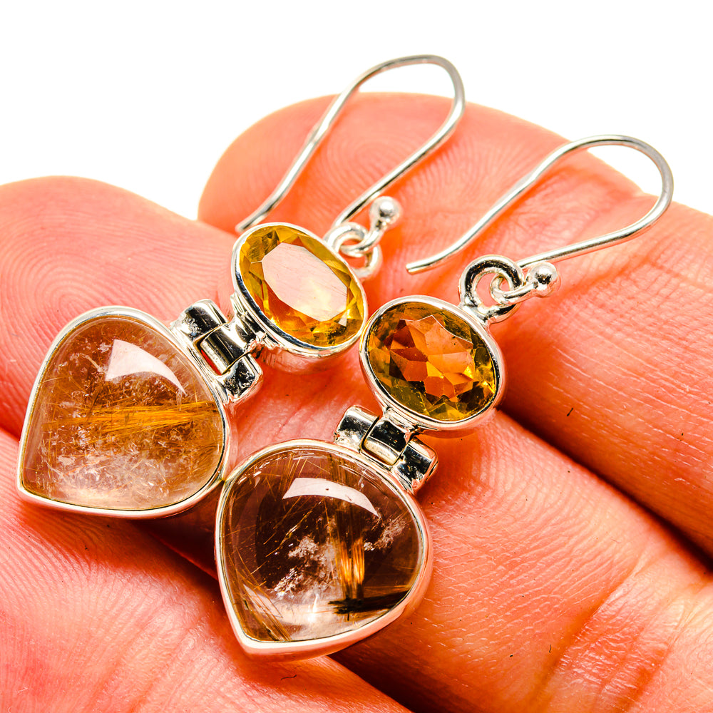 Sterling silver dangle earrings, heart citrine and golden rutilated quartz, curved hooks