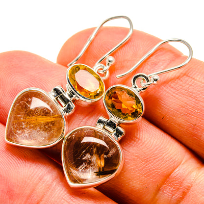 Sterling silver dangle earrings, heart citrine and golden rutilated quartz, curved hooks