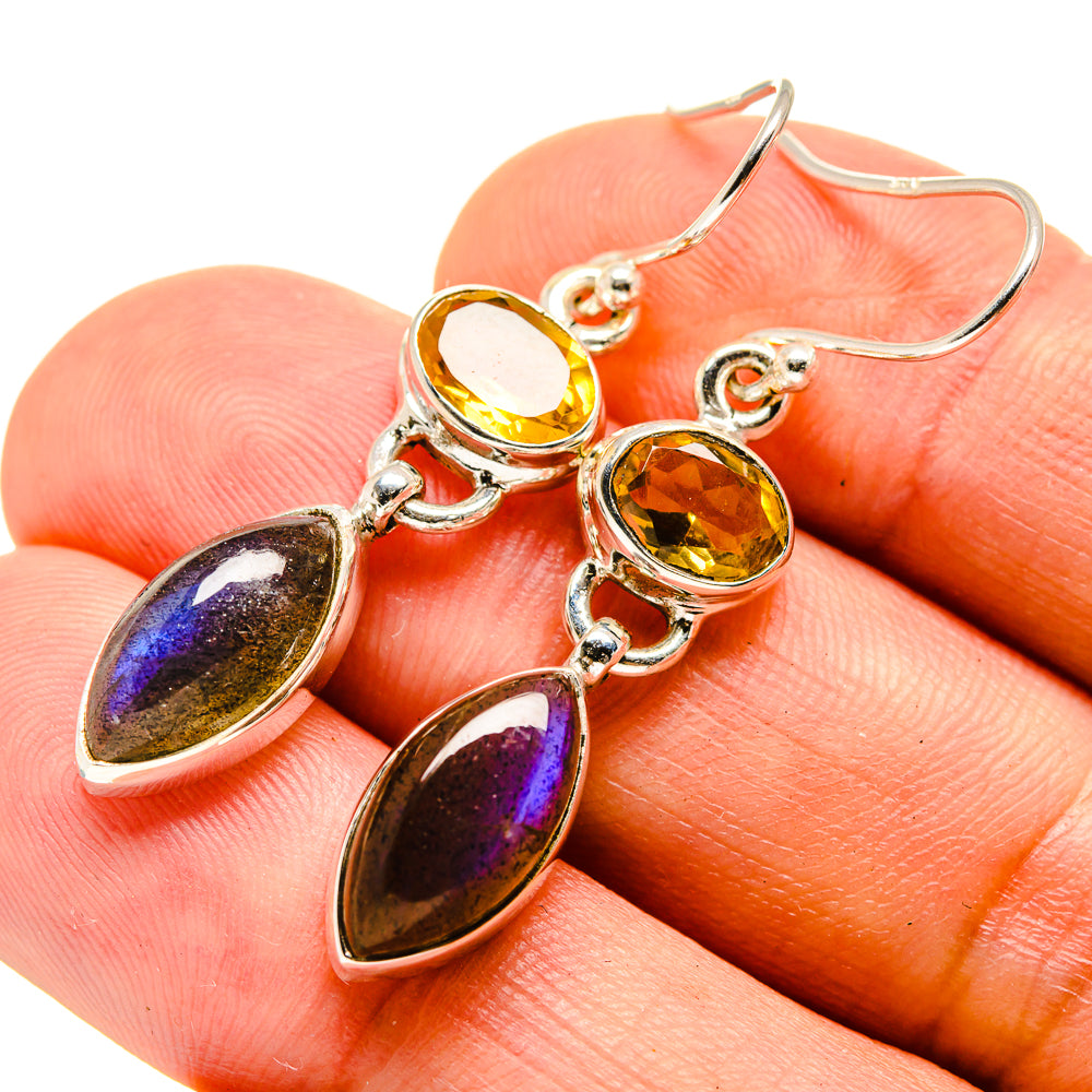 925 sterling silver citrine and labradorite earrings, round yellow gem with purple-blue oval drops